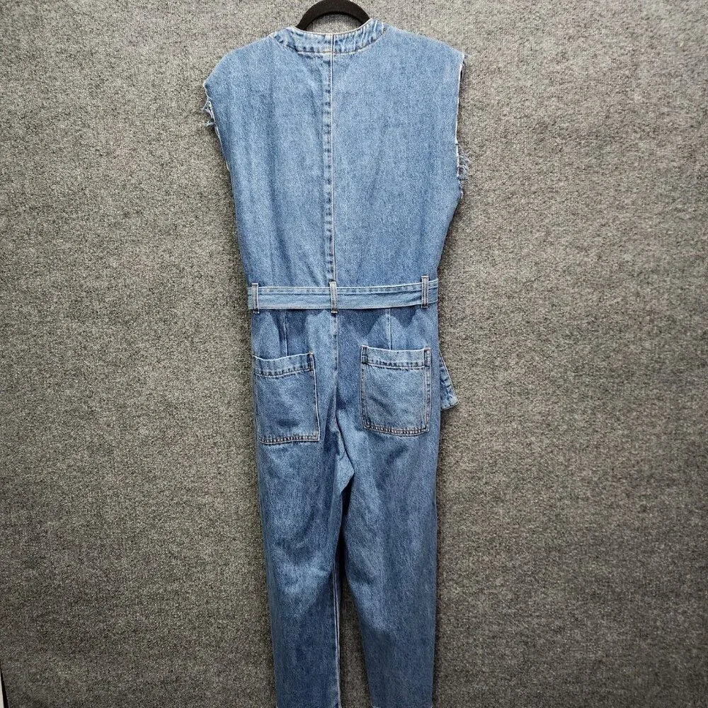 Blank NYC Denim Jumpsuit SMALL Relaxed Fit Belted Cropped Raw Straight Leg‎